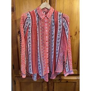 Free People Women's S Moonlight Mile Woven Top Coral Floral Blouse Button Down